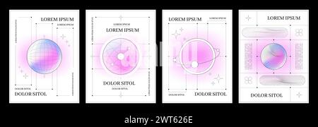 Modello per poster semplice in stile Y2K con sfondo sfumato rosa pastello e viola, elementi geometrici astratti a griglia e tipografia. Gruppo vettoriale o. Illustrazione Vettoriale