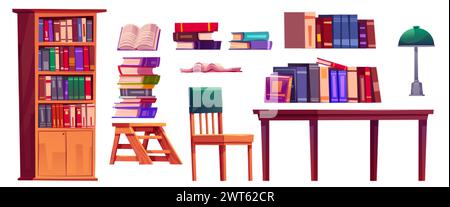 Libri di biblioteca pubblica, mobili e attrezzature set di illustrazioni vettoriali di cartoni animati. Letteratura su scaffali in libreria, in pile e a vista, tavolo in legno e. Illustrazione Vettoriale