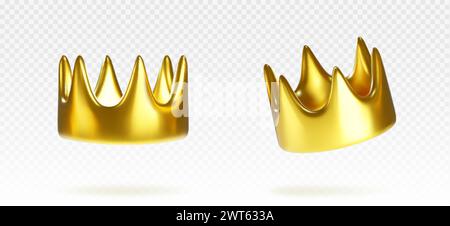 Corone dorate isolate su sfondo trasparente. Illustrazione vettoriale realistica del simbolo reale, gioielli in metallo dorato con superficie lucida lucida, med Illustrazione Vettoriale