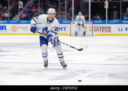 15 marzo 2024: L'attaccante dei Toronto Marlies Kieffer Bellows (20) pattina nel primo periodo contro i Rochester Americans. I Rochester Americans ospitarono i Toronto Marlies in una partita della American Hockey League alla Blue Cross Arena di Rochester, New York. (Jonathan tenca/CSM) crediti: Cal Sport Media/Alamy Live News Foto Stock