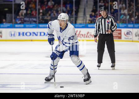 15 marzo 2024: Il difensore dei Toronto Marlies Marshall Rifai (83) pattina nel primo periodo contro i Rochester Americans. I Rochester Americans ospitarono i Toronto Marlies in una partita della American Hockey League alla Blue Cross Arena di Rochester, New York. (Jonathan tenca/CSM) crediti: Cal Sport Media/Alamy Live News Foto Stock