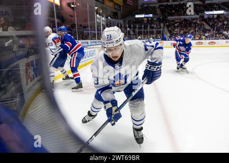 15 marzo 2024: L'attaccante dei Toronto Marlies Zach Solow (73) pattina nel primo periodo contro i Rochester Americans. I Rochester Americans ospitarono i Toronto Marlies in una partita della American Hockey League alla Blue Cross Arena di Rochester, New York. (Jonathan tenca/CSM) crediti: Cal Sport Media/Alamy Live News Foto Stock