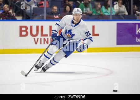 15 marzo 2024: L'attaccante dei Toronto Marlies Kieffer Bellows (20) pattina nel primo periodo contro i Rochester Americans. I Rochester Americans ospitarono i Toronto Marlies in una partita della American Hockey League alla Blue Cross Arena di Rochester, New York. (Jonathan tenca/CSM) crediti: Cal Sport Media/Alamy Live News Foto Stock