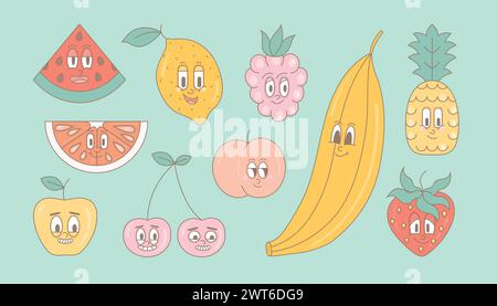 Frutti di cartoni animati retrò. Moderna e simpatica mascotte vettoriale di anguria, limone, lampone, banana, ananas, fragola, ciliegia, mela con felice Illustrazione Vettoriale