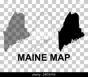 Serie di mappe del Maine, stati uniti d'america. Illustrazione vettoriale a icone piatte . Illustrazione Vettoriale