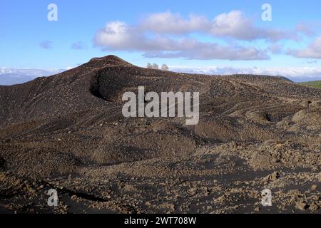 Campo di lava sterile e cratere vulcanico estinto del 'Monte Nunziata' (1832) nel Parco dell'Etna, Sicilia, Italia Foto Stock