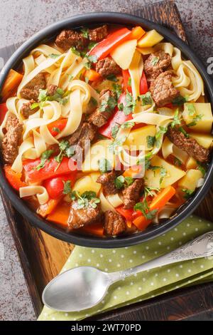 Zuppa di spaghetti Laghman dell'Uzbekistan realizzata con manzo, pasta di pomodoro, verdure ed erbe in primo piano sul piatto sul bordo di legno. Verticale superiore vi Foto Stock