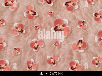 Composizione fantasia creativa e di tendenza realizzata con fiori di orchidea su sfondo rosa piccante o rosa rosa arancio finta pelliccia. Foto Stock
