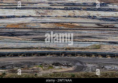 Miniera di carbone marrone di Altdorf miniera di carbone marrone di Altdorf e di superficie di lignite con enormi scavi e cinture traansport e linee verso RWE Weisweiler Kraftwerk. Weisweiler / Inden, Germania. Weisweiler / Inden Altdorf Browncoal Mine Nordrhein Westfalen Germania Copyright: XGuidoxKoppesxPhotox Foto Stock