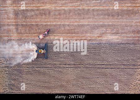 Antenna della mietitrebbiatrice che scarica il grano raccolto su un cassonetto vicino a Wallumbilla sulla Maranoa Queensland Australia Foto Stock