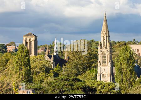 La chiesa di Santo Stefano e la chiesa di San Pietro si ergono tra gli alberi della città, Bournemouth, Dorset, Regno Unito Foto Stock