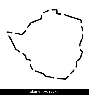 Mappa semplificata del paese dello Zimbabwe. Contorno nero interrotto su sfondo bianco. Semplice icona vettoriale Illustrazione Vettoriale