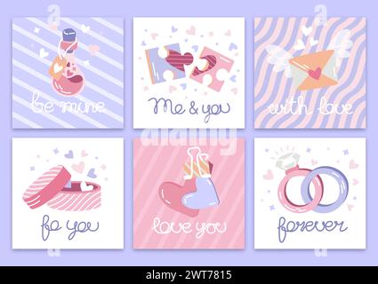 Set di simpatici biglietti di San Valentino vettoriali con puzzle e anelli Illustrazione Vettoriale