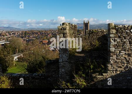 Vista dalla torre d'ingresso del castello di Ludlow alla città di Ludlow, Shropshire, Inghilterra. Novembre. Foto Stock