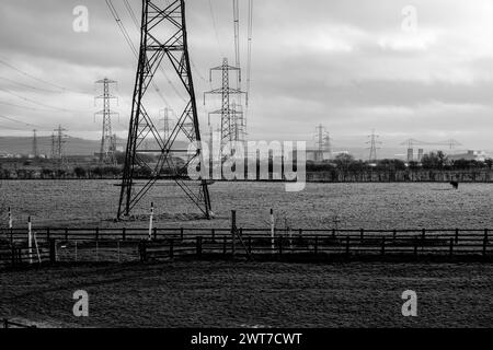 Fila di tralicci elettrici in un campo, vista verso Middlesbrough, il ponte teletrasporto può essere visto in lontananza. Inghilterra nord-orientale, Regno Unito. Foto Stock