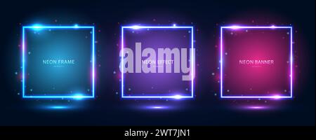 Cornici quadrate al neon con effetti luminosi, evidenziazioni e iscrizioni su sfondo blu scuro. Illustrazione Vettoriale