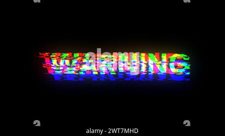 Testo di avviso rendering 3D con effetti sullo schermo di guasti tecnologici. Spettacolare glitch sullo schermo con vari tipi di interferenze Foto Stock