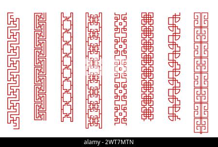 Bordi decorativi in stile cinese, ornamenti etnici asiatici, collezione di linee con motivi a cornice, vettore Illustrazione Vettoriale