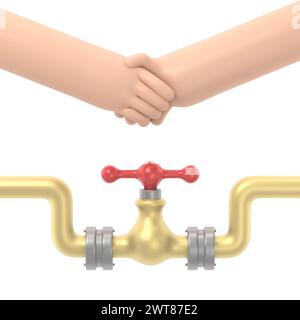 Concetto di accordo sul petrolio. Uomini d'affari arabi stringono la mano a una riunione. Illustrazione 3D con design piatto. Tubo dell'olio con un rubinetto. Soluzione per la vendita di petrolio.rendering 3D con Foto Stock