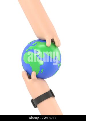 Concetto di protezione del pianeta. Icona globo nelle mani. Illustrazione 3D con design piatto. Salva eco. Ambiente dei cartoni animati. Oggetto per pubblicità, promozione e post Foto Stock