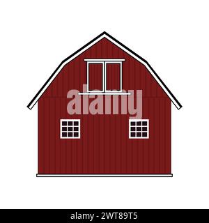 Fienile in legno rosso piatto, disegnato a mano, con finestre e porte. Illustrazione isolata su sfondo bianco Illustrazione Vettoriale