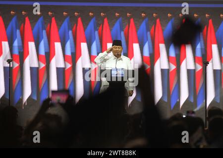 Candidato presidenziale indonesiano, Prabowo Subianto, mentre partecipava alle attività del partito democratico a Giacarta. Foto Stock