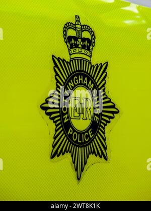 Nottinghamshire Police Car Badge, girato a Coronation Street, Retford, il 22 febbraio 14, da Chris Watson Foto Stock