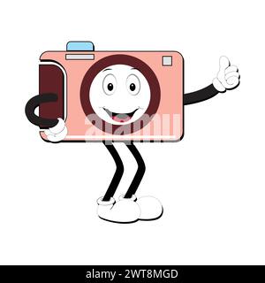 Il cartoni animati del personaggio di camera retro Mascot, la mascotte della fotocamera sorride e con i pollici in alto. Illustrazione vettoriale disegnata a mano Illustrazione Vettoriale