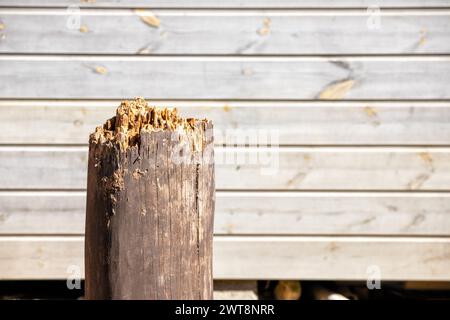 Un palo di legno rotto contro un muro di lavagne Foto Stock