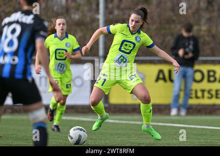 Aalter, Belgio. 16 marzo 2024. Elfi Maass (21) di AA Gent nella foto durante una partita di calcio femminile tra Club Brugge Dames YLA e AA Gent Ladies nella semifinale della stagione 2023 - 2024 dell'edizione belga della Coppa delle donne, sabato 16 marzo 2024 ad Aalter, BELGIO. Crediti: Sportpix/Alamy Live News Foto Stock