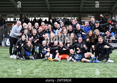 Aalter, Belgio. 16 marzo 2024. Le giocatrici del Club YLA nella foto festeggiano dopo aver vinto una partita di calcio femminile tra il Club Brugge Dames YLA e AA Gent Ladies nella semifinale della stagione 2023 - 2024 dell'edizione belga della Coppa delle donne, sabato 16 marzo 2024 ad Aalter, IN BELGIO. Crediti: Sportpix/Alamy Live News Foto Stock