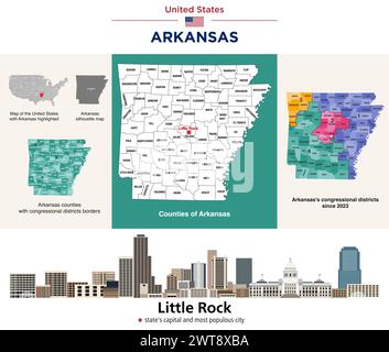 Mappa delle contee dell'Arkansas e dei distretti congressuali dal 2023. Little Rock skyline, la capitale dello stato e la città più popolosa. Gruppo vettoriale Illustrazione Vettoriale