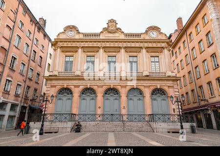 Lione, Francia - 25 gennaio 2022: Il Tempio del cambiamento, precedentemente utilizzato per la borsa di Lione, è assegnato al culto protestante dal 180 Foto Stock