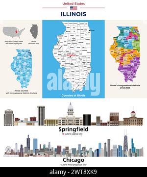 Mappa delle contee dell'Illinois e dei distretti congressuali dal 2023. La capitale dello stato (Springfield) e lo skyline della città più grande dello stato (Chicago). VEC Illustrazione Vettoriale