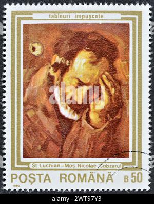 Francobollo cancellato stampato dalla Romania, che mostra dipinti Old Nicolas, The Cobza Player; Ștefan Luchian, dipinti danneggiati nella Rivoluzione, ci Foto Stock