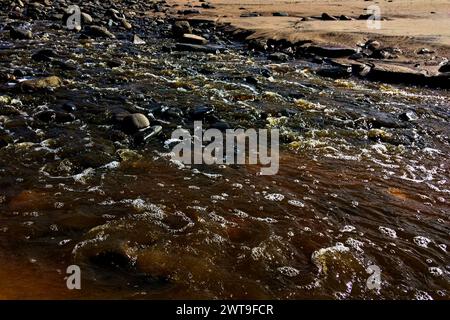 Un primo piano di acqua che scorre sopra le rocce, illuminando le superfici bagnate sotto una luce intensa. Foto Stock