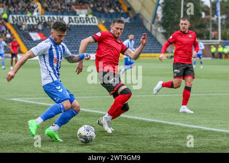 Kilmarnock, Regno Unito. 16 marzo 2024. Il Kilmarnock FC ha giocato contro il St Mirren FC al Rugby Park, Kilmarnock, Ayrshire, Scozia, Regno Unito in un'importante partita di Premiership scozzese. Il punteggio finale è stato Kilmarnock 5 - 2 St Mirren. I marcatori del Kilmarnock furono Kyle Vassell (Kilmarnock 9) 61 min e 73 min, Daniel Armstrong (Kilmarnock 11) 65 min, rigore, Marley Watkins (Kilmarnock 23) 68 min e Daniel Watson (Kilmarnock 12) 79 min. I marcatori del St Mirren sono stati Charles Dunne (St Mirren 18) 20 min e Mikael Mandron (St Mirren 9) 39 min. Crediti: Findlay/Alamy Live News Foto Stock