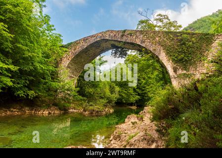 Vecchio ponte sul fiume Dobra, risalente al Medioevo e costruito sui resti di un'antica strada romana, tra i comuni di Cangas de On Foto Stock