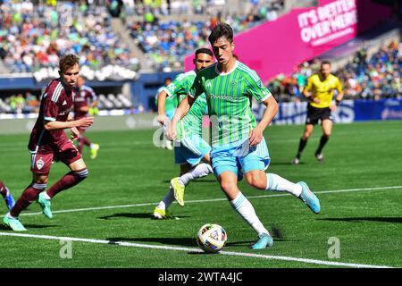 016 marzo 2024: Il centrocampista dei Seattle Sounders Josh Atencio (8) durante la partita di calcio della MLS tra i Seattle Sounders e i Colorado Rapids a Seattle, Washington. Steve Faber/CSM Foto Stock