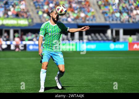 016 marzo 2024: Il centrocampista dei Seattle Sounders Alex Roldan (16) durante la partita di calcio della MLS tra i Seattle Sounders e i Colorado Rapids a Seattle, Washington. Steve Faber/CSM Foto Stock