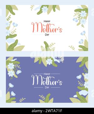 Striscioni floreali buona festa della mamma. Fiori delicatamente blu su sfondo bianco e blu scuro con congratulazioni. Poster per festività isolati in orizzontale. VEC Illustrazione Vettoriale