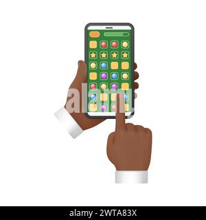Mani d'uomo 3D toccando lo schermo dello smartphone con icone di diverse applicazioni mobili illustrazione vettoriale Illustrazione Vettoriale