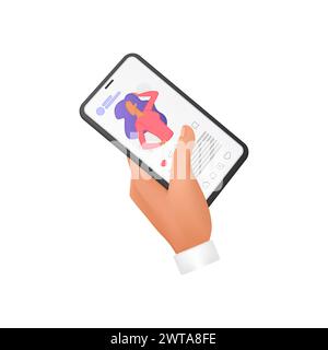 Mani maschili 3D che tengono il telefono con il blog dei social media sull'illustrazione vettoriale sullo schermo Illustrazione Vettoriale