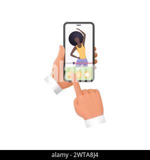 Mani umane 3D che tengono il telefono con applicazione mobile per l'illustrazione vettoriale di allenamento sportivo Illustrazione Vettoriale