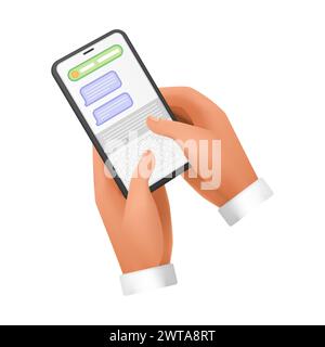 Uomo 3D mani che tiene il telefono con sms di chat sullo schermo, uomo che digita messaggi illustrazione vettoriale Illustrazione Vettoriale