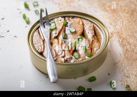 Salati e gustosi spratti affumicati in olio con spezie. Gli spratti marinati possono essere serviti con pane. Foto Stock