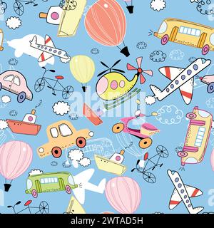 Design senza cuciture con elicotteri, aeroplani, mongolfiere e auto in stile per bambini su sfondo azzurro. Illustrazione Vettoriale