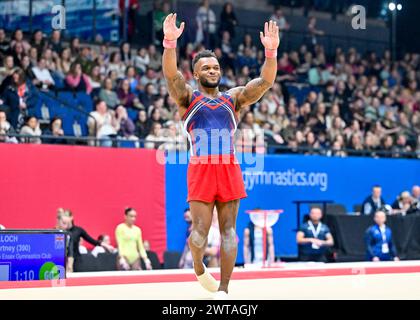 Liverpool, Inghilterra, Regno Unito. 16 marzo 2024. Courtney TULLOCH sul pavimento durante i British Gymnastics Championships alla M&S Bank Arena, Liverpool, Inghilterra, Regno Unito. Crediti: LFP/Alamy Live News Foto Stock