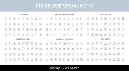 Produttività dei processi aziendali e delle icone di avvio, freelance, linee di apprendimento linguistico. Freccia di misurazione, gerarchia della struttura dell'azienda aziendale, simboli di contorno neri sottili illustrazione vettoriale Illustrazione Vettoriale