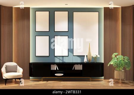 rendering 3d di lusso degli interni del foyer room con credenza e 5 cornici mock up, legno scanalato e sfondo blu Foto Stock